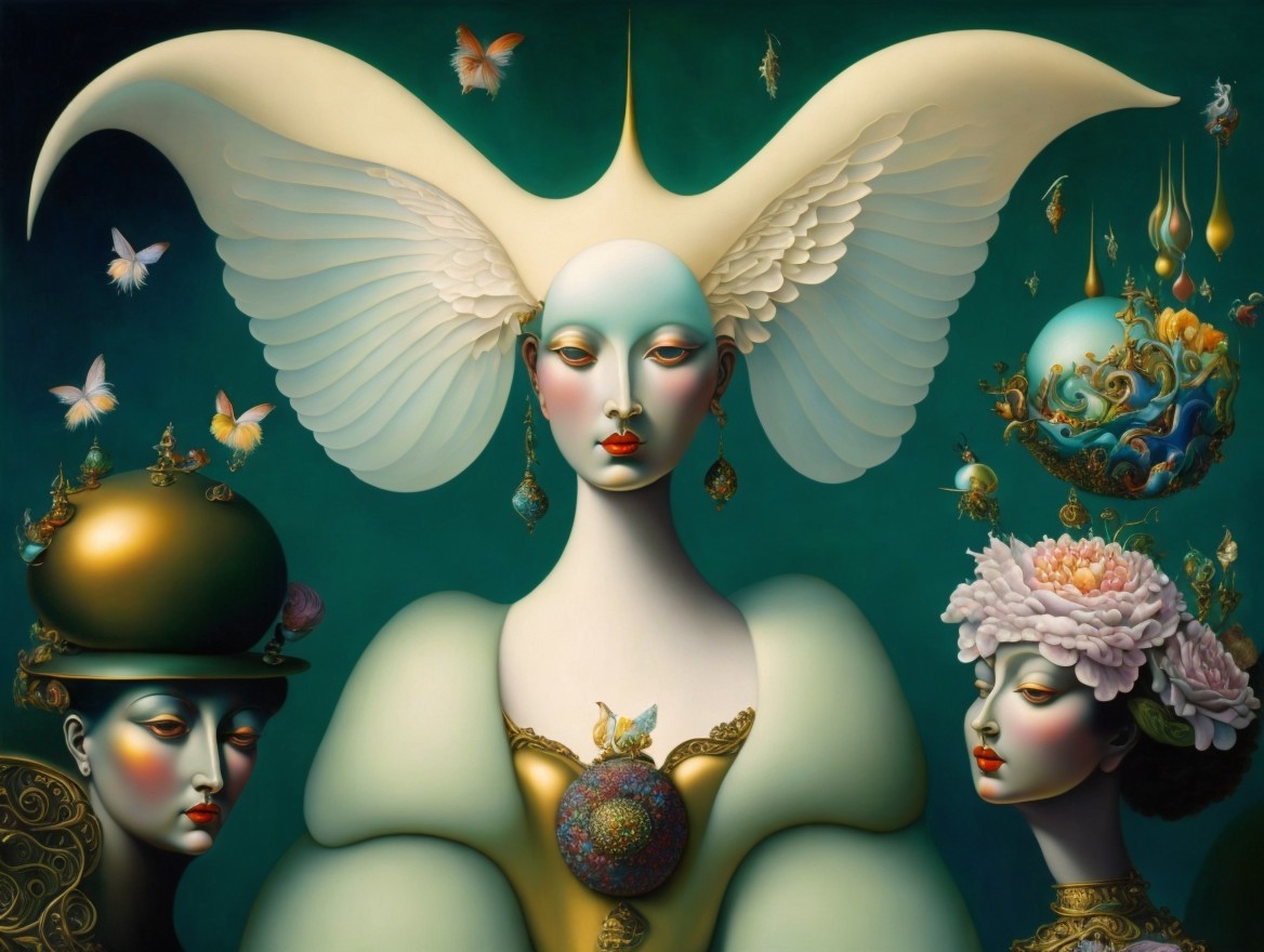 Ethereal Figure Surrounded by Stylized Faces and Butterflies