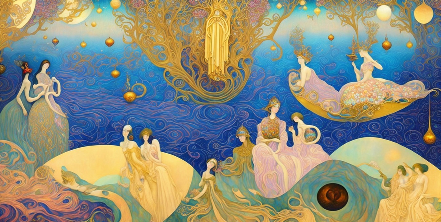 Ethereal Figures in Swirling Blue Waters and Nature