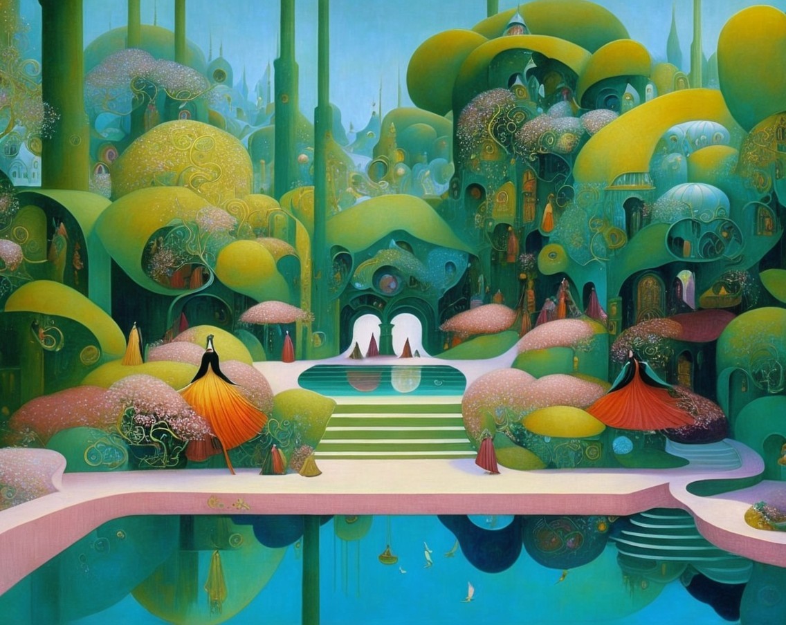 Vibrant Green Landscape with Elegant Figures and Water