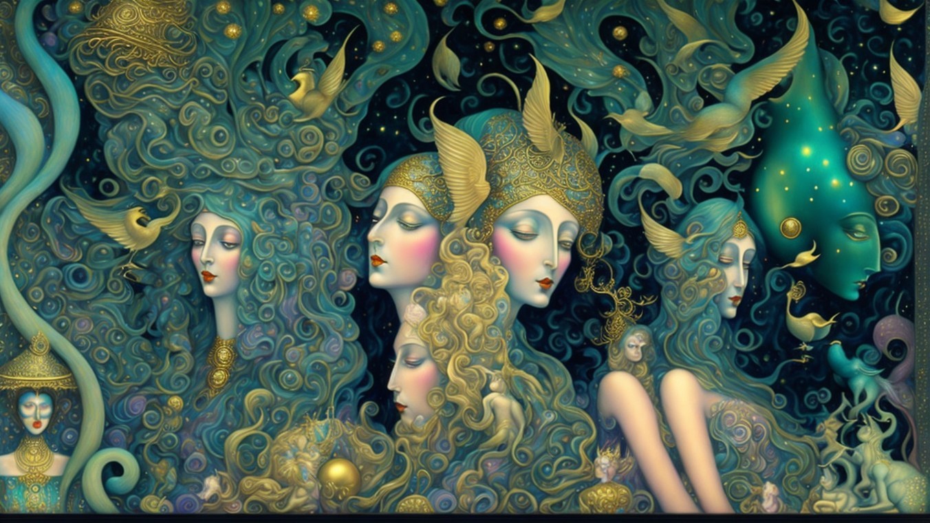 Ethereal Women with Flowing Hair in Cosmic Artwork