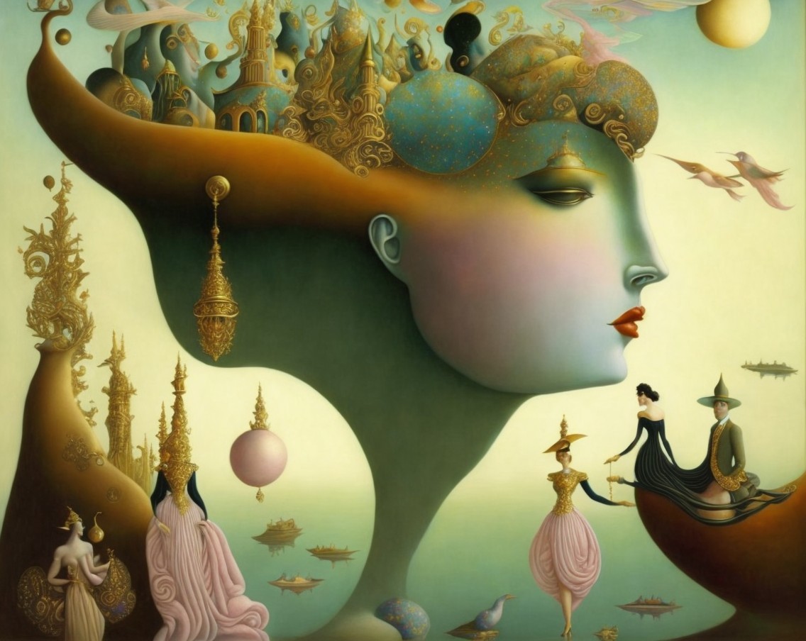 Surreal Woman's Face in Abstract Landscape with Fantasy