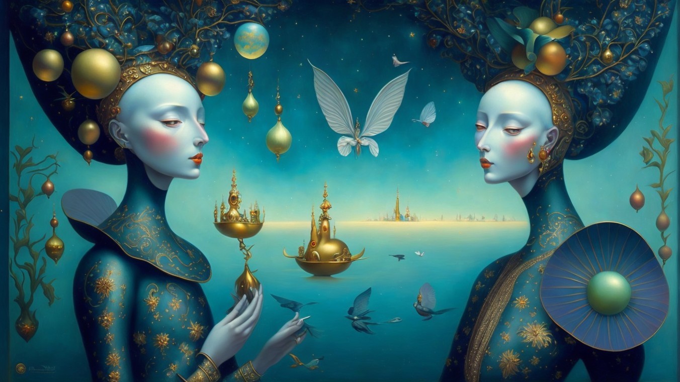 Elegant Figures in Blue and Gold Against Starry Sky