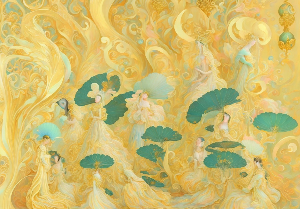 Ethereal Figures in Golden Garments with Soft Colors