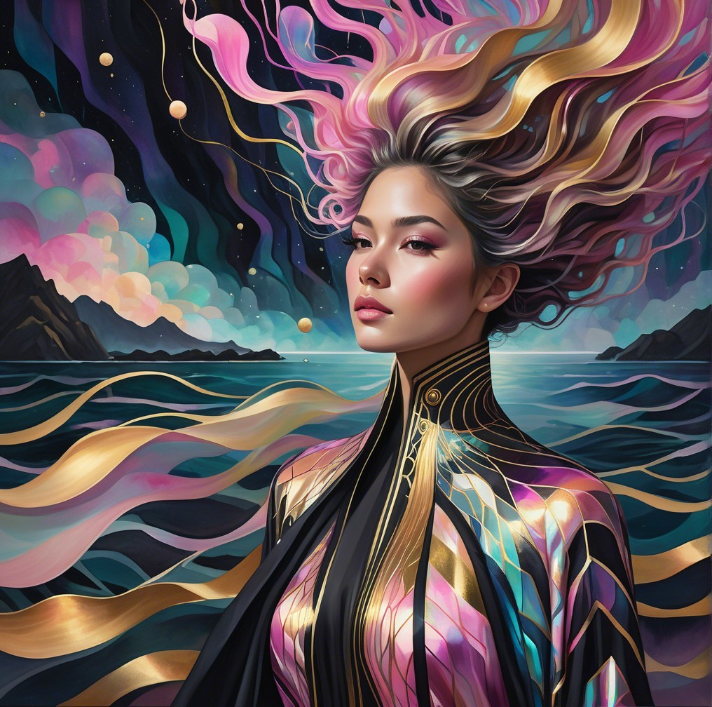 Serene Figure Against Cosmic Backdrop with Colors