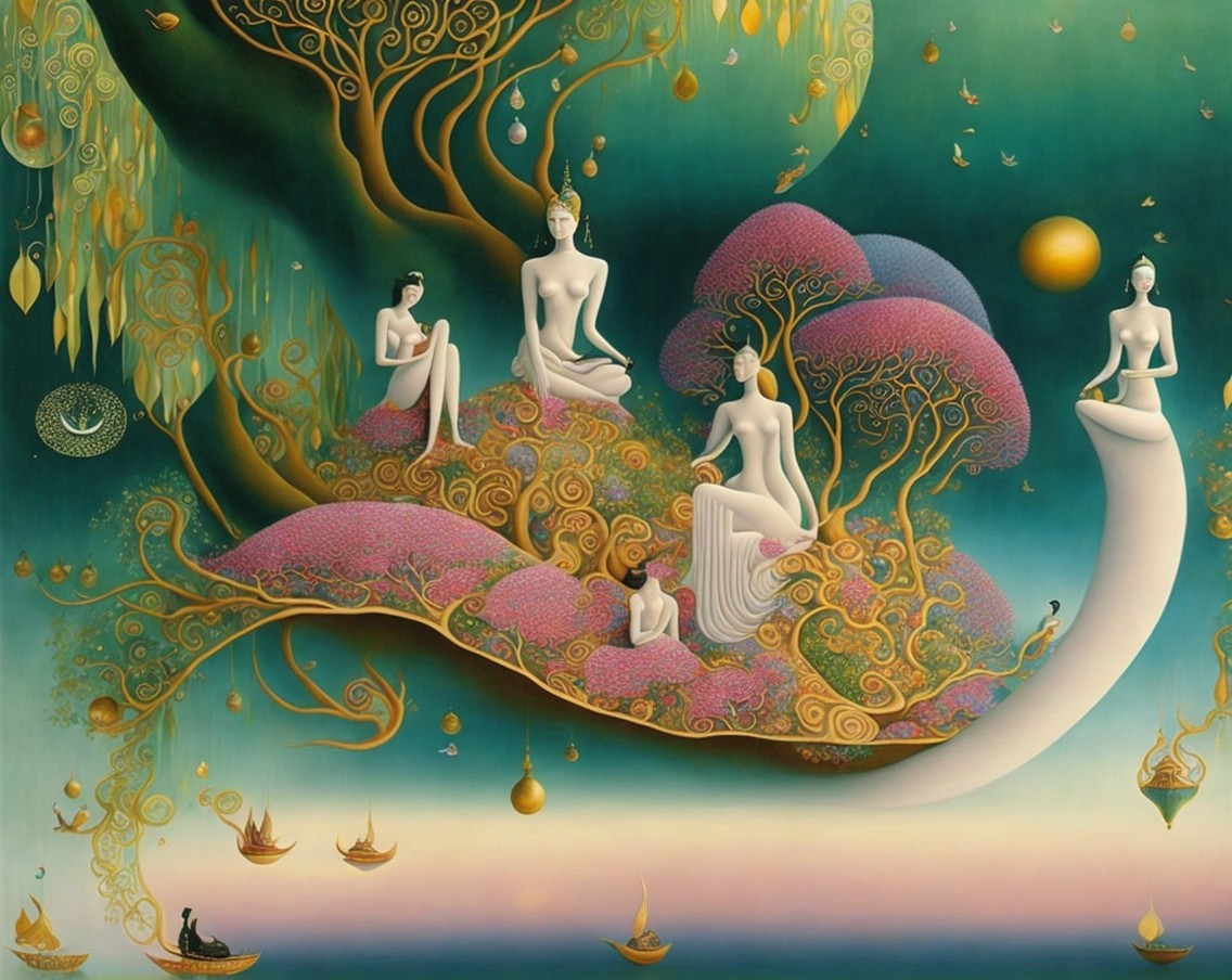 Surreal Scene with Ethereal Figures in Dreamlike Landscape