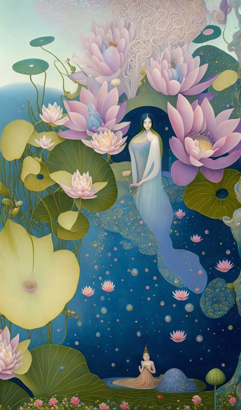 Serene Scene with Lotus Flowers and Tranquil Waters