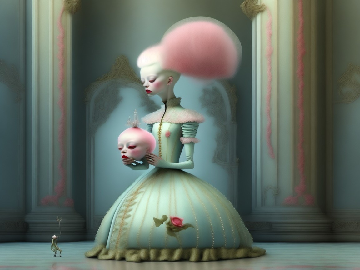 Pastel Gown and Doll Head in Surreal Setting