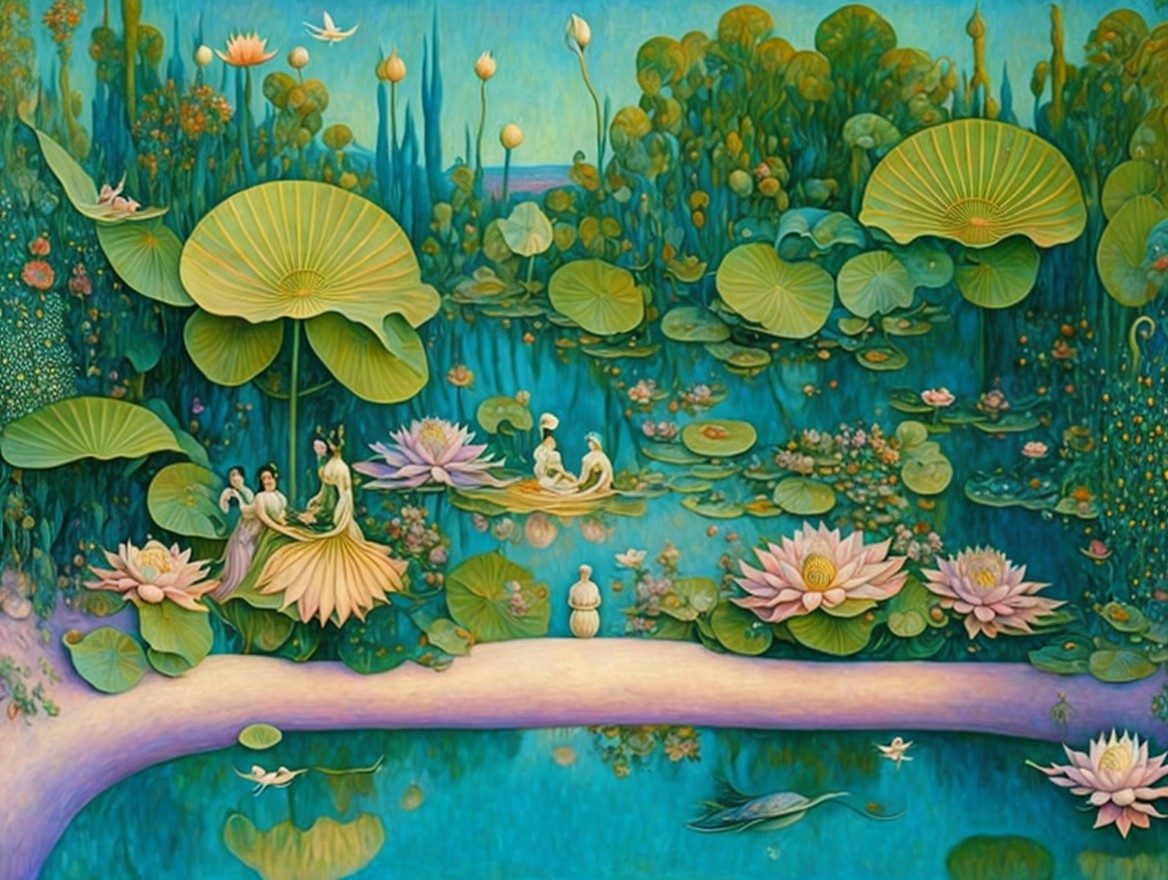 Serene Dreamlike Landscape with Lotus Flowers and Water