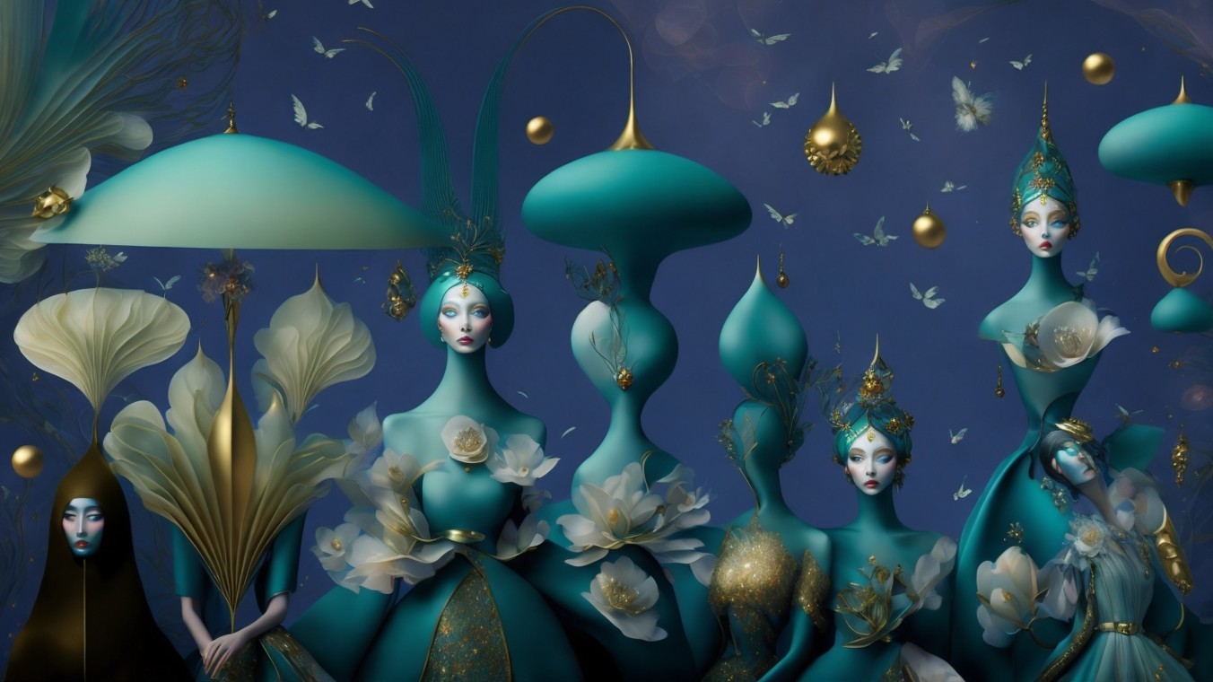 Surreal Fantasy Scene with Elegant Figures and Butterflies