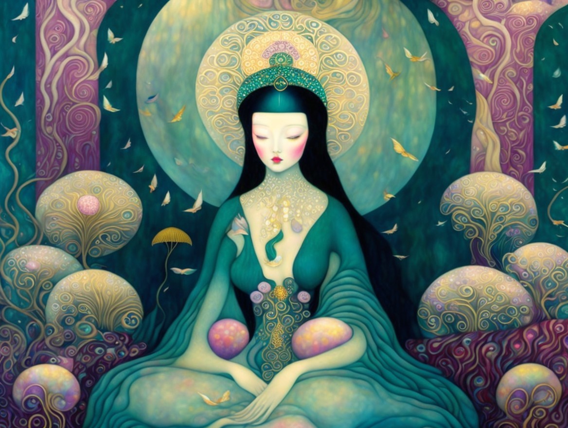 Serene Meditative Figure in Teal Robes Amid Nature