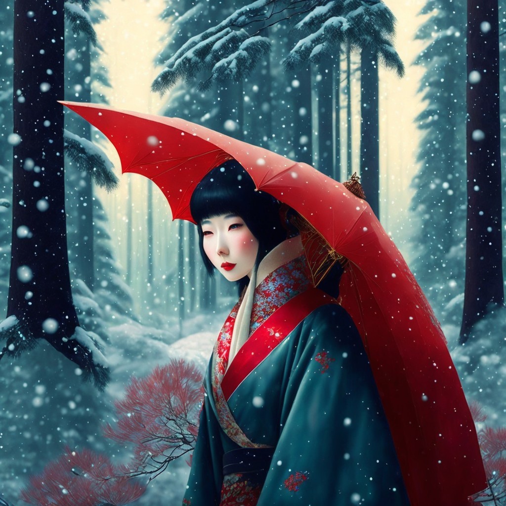 Winter Landscape with Woman in Blue Kimono and Umbrella