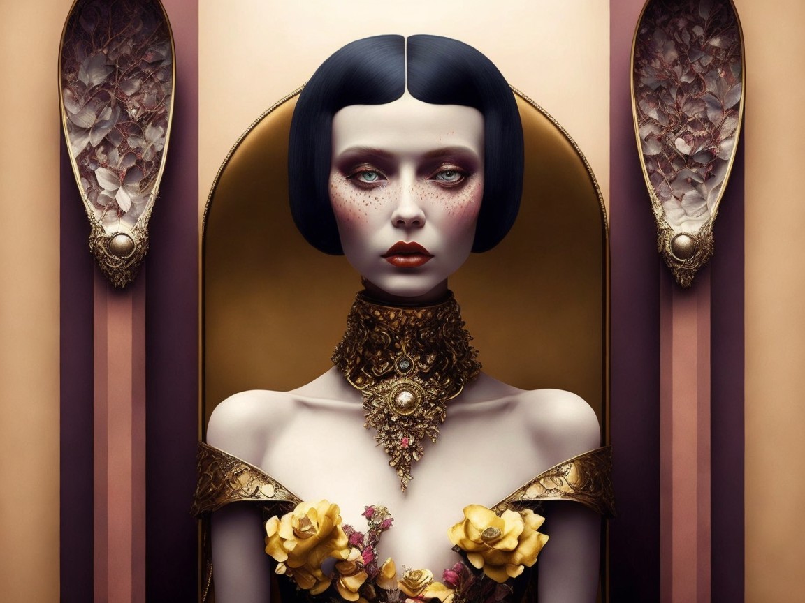 Portrait of a Woman with Black Bob and Floral Adornment
