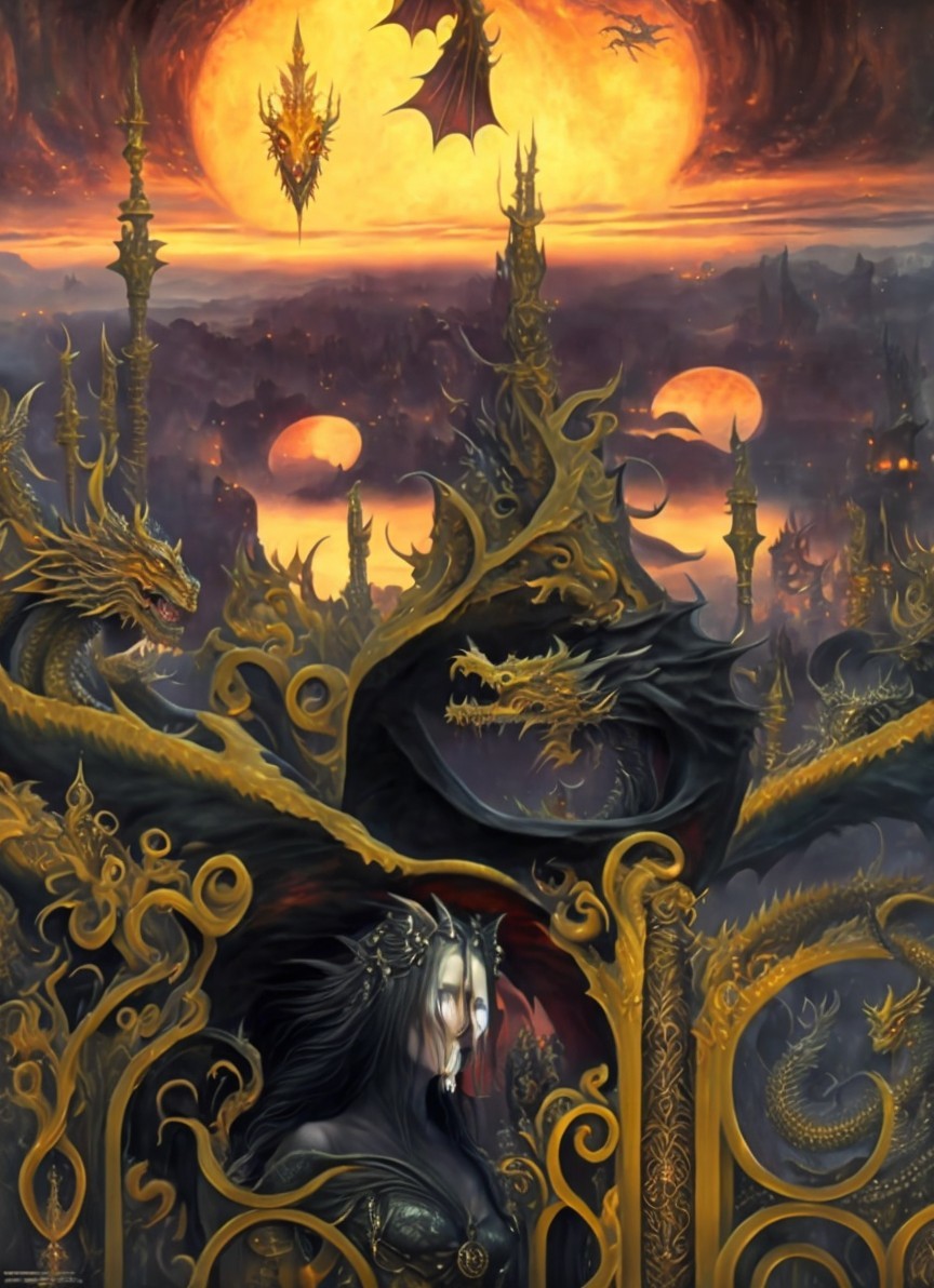 Regal Figure with Dragons in Dark Fantasy Setting