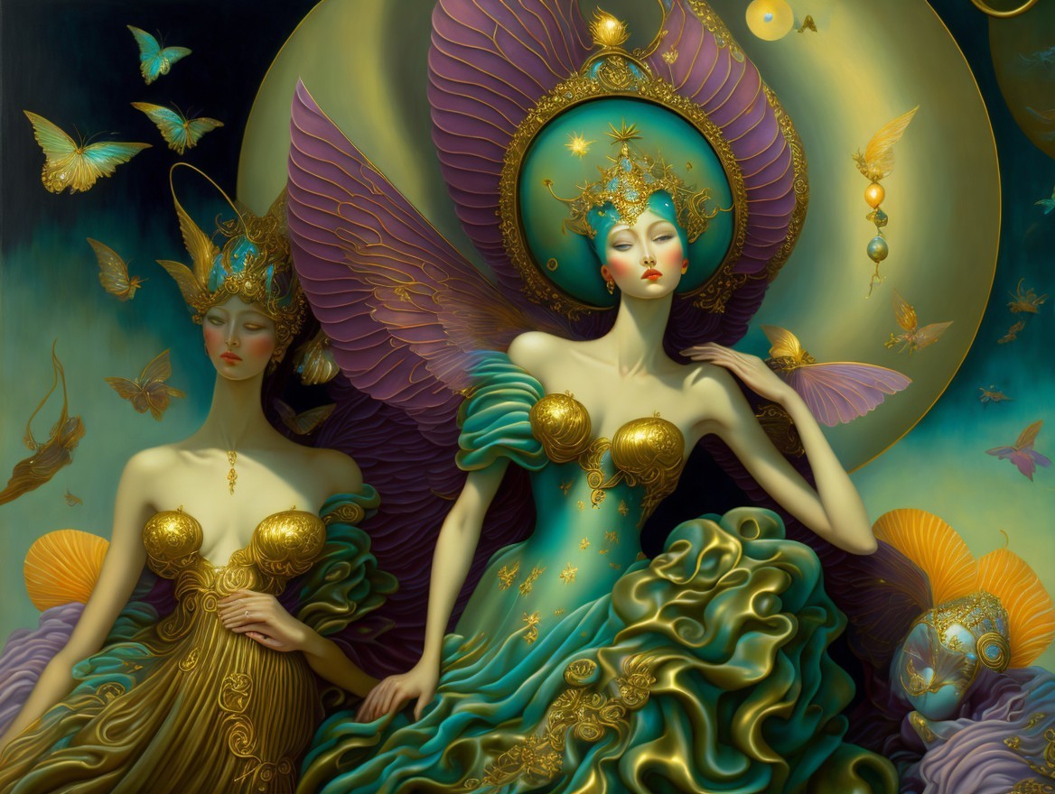 Ethereal Figures in Opulent Gowns with Butterflies