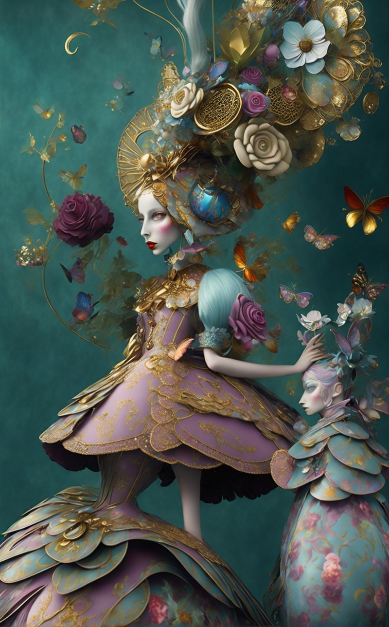 Elegant Figures in Intricate Dresses and Floral Headpieces