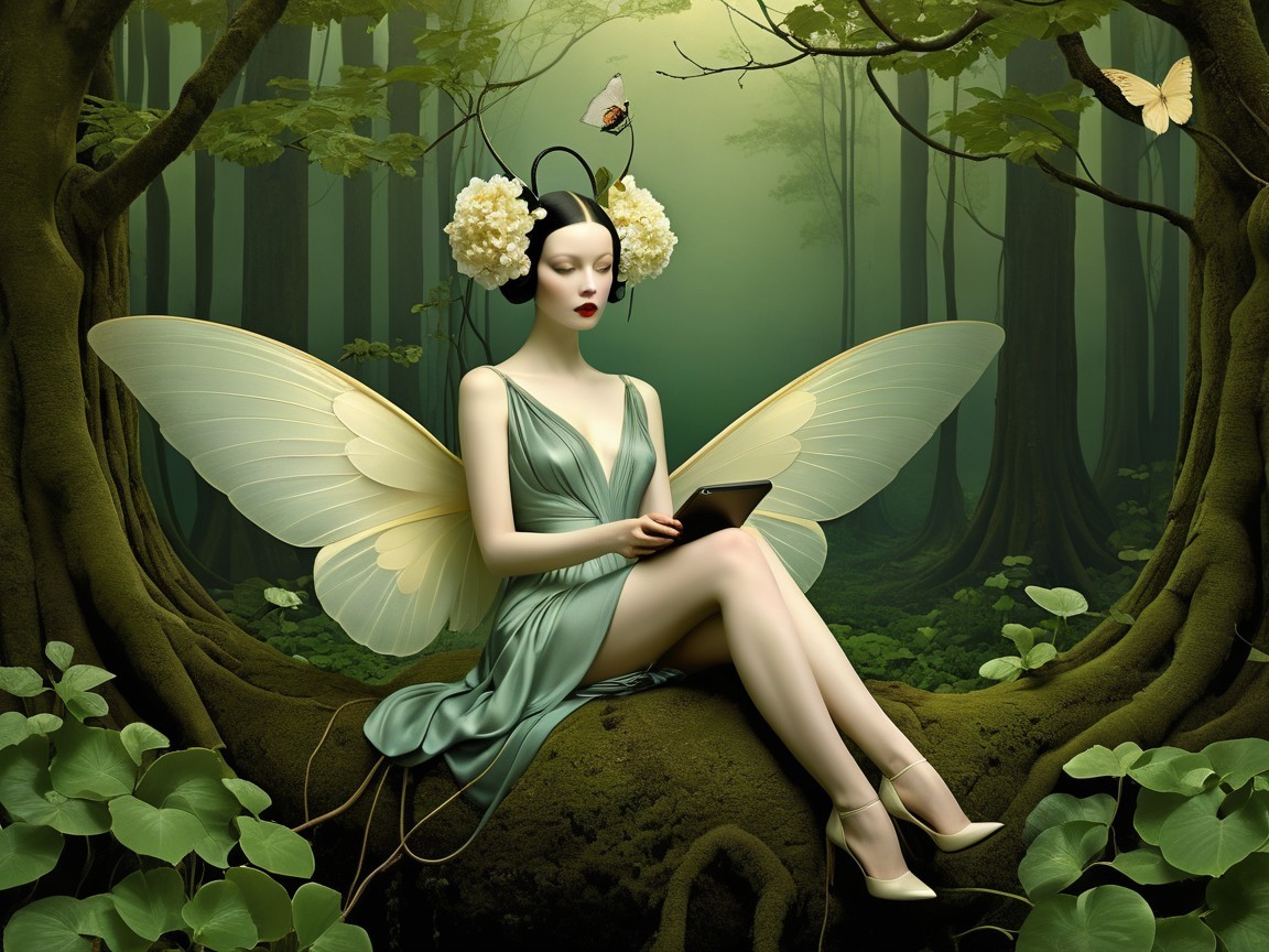 Surreal Figure with Butterfly Wings in Enchanted Forest