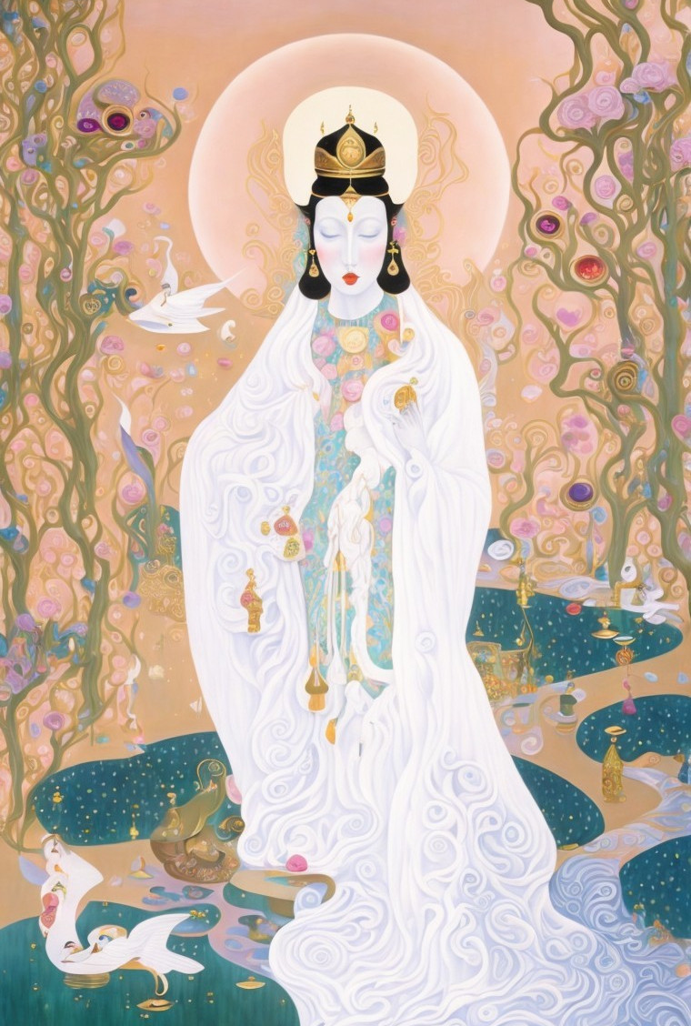 Serene figure in white robes with child in tranquil setting