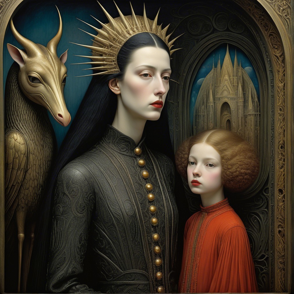 Regal Woman and Child in Mystical Castle Scene