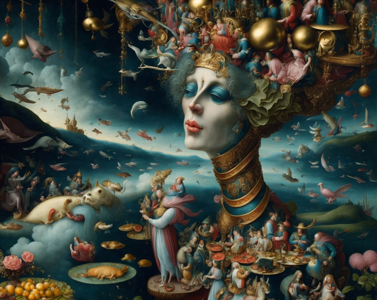 Surreal Scene of Giant Female Head with Vibrant Elements