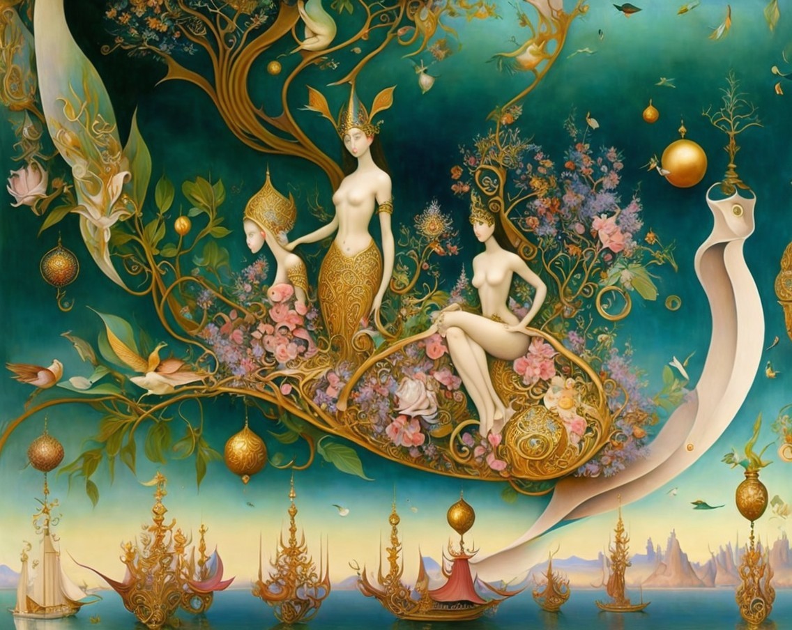 Surreal Landscape with Ethereal Figures and Flora