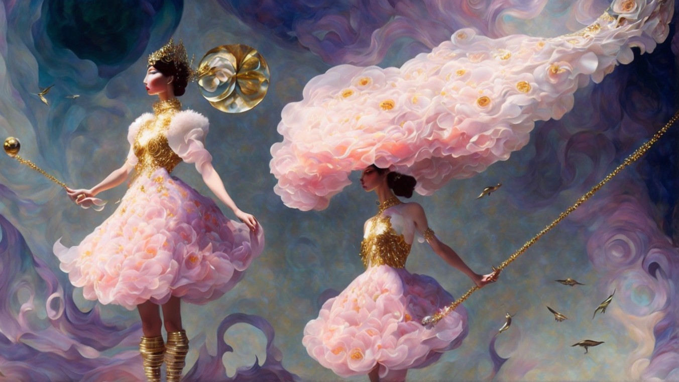 Whimsical Landscape with Elegant Figures in Petal Outfits