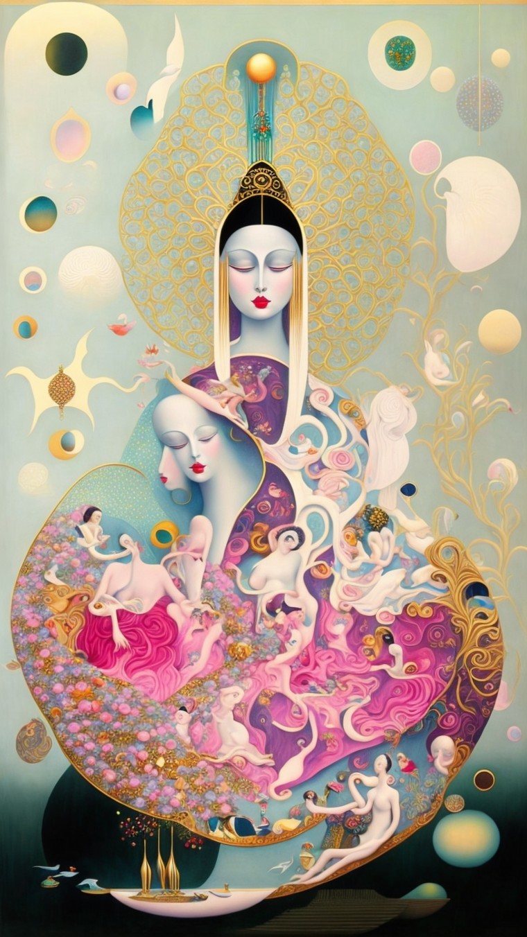 Ethereal figure in vibrant colors and intricate patterns