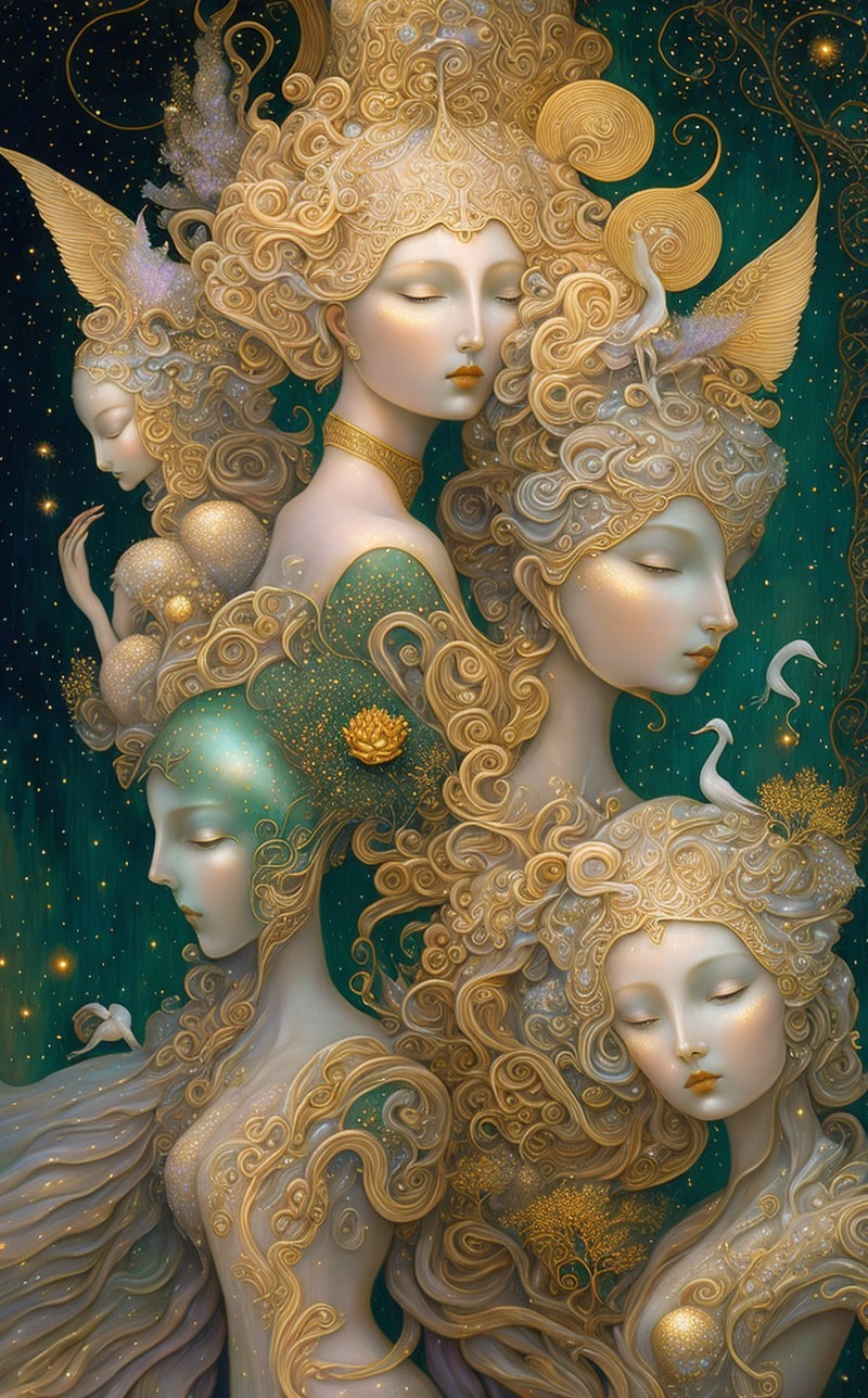 Ethereal Figures with Flowing Hair and Nature Elements