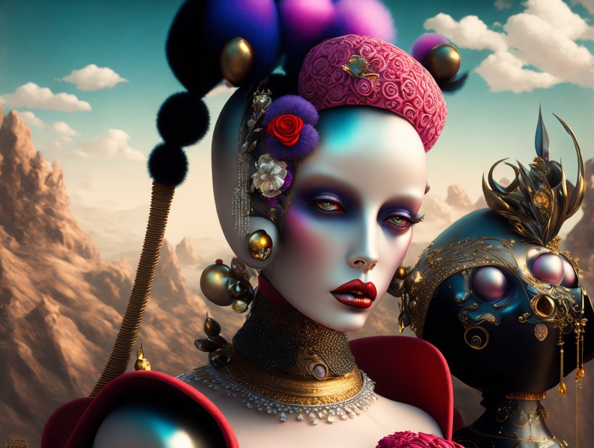 Futuristic figure with floral adornments and dramatic makeup