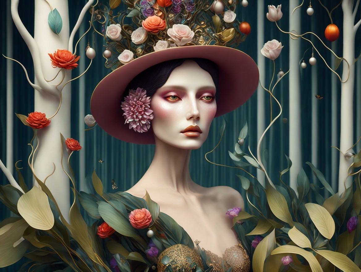 Elegant Figure in Lush Floral Backdrop