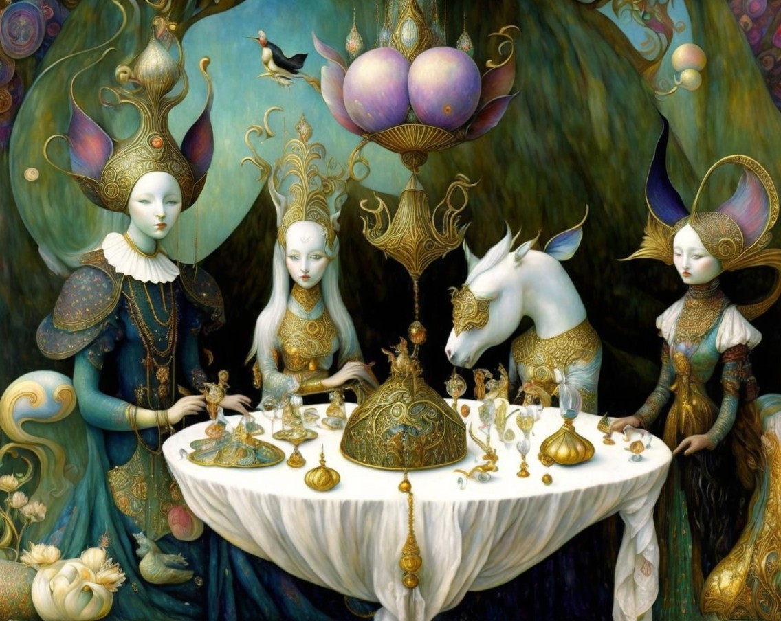 Elegant Figures at a Lavish Table with Unicorn