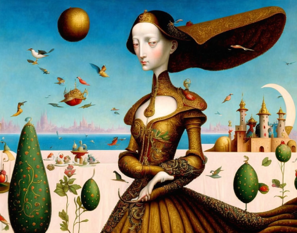 Serene Figure in Golden Attire Against Vibrant Sky