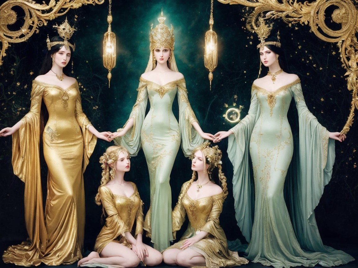 Elegant Figures in Ornate Gowns with Gold Detailing