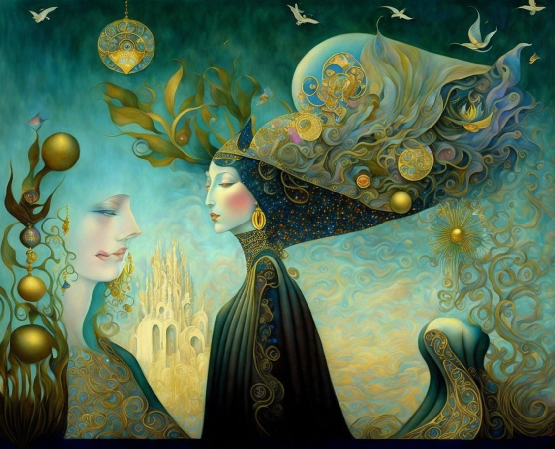 Ethereal Women in Dreamlike Blue and Gold Artwork