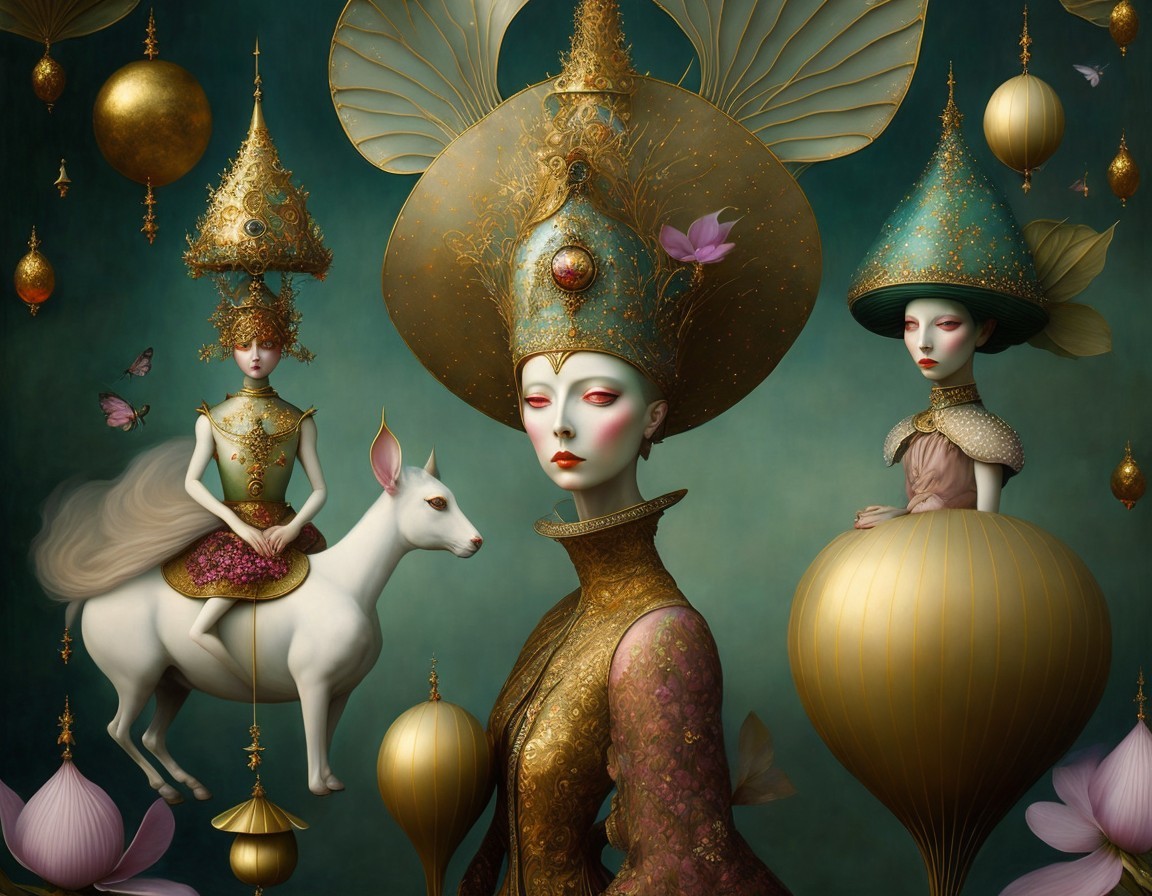 Ethereal Figures in Golden Garments with Deer and Lanterns