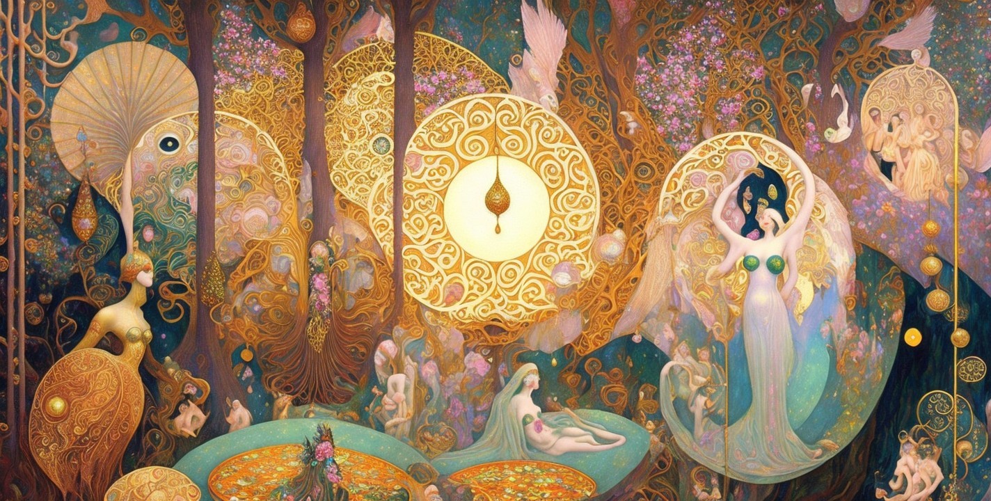 Fantasy Scene with Ethereal Figures and Nature