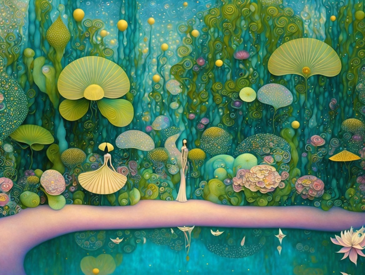Surreal Landscape with Vibrant Fungi and Ethereal Figures