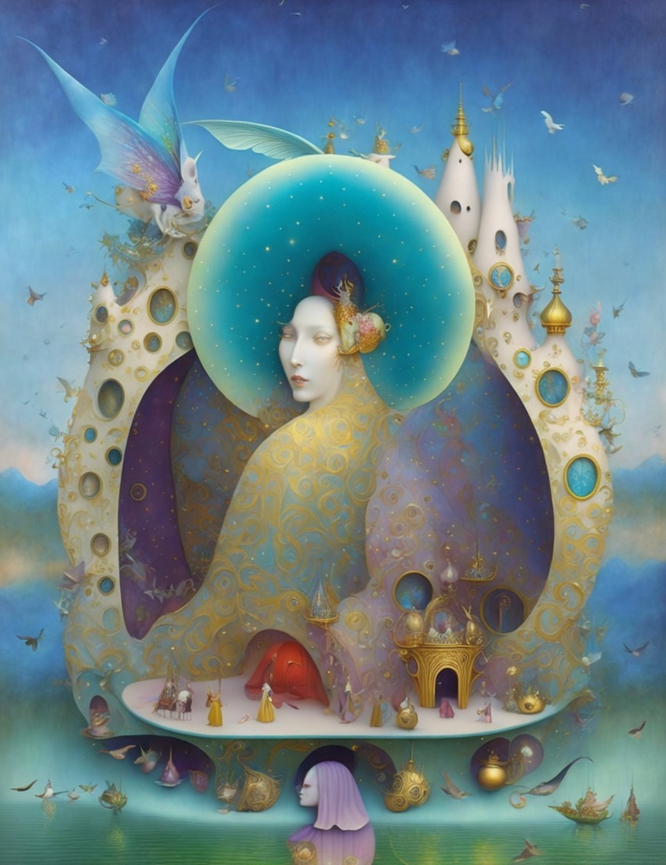 Surreal Painting of a Mythical Queen and Creatures