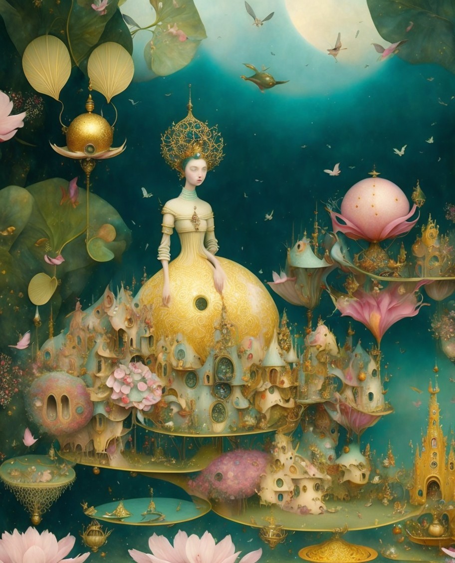 Serene Figure on Golden Dress in Whimsical Landscape