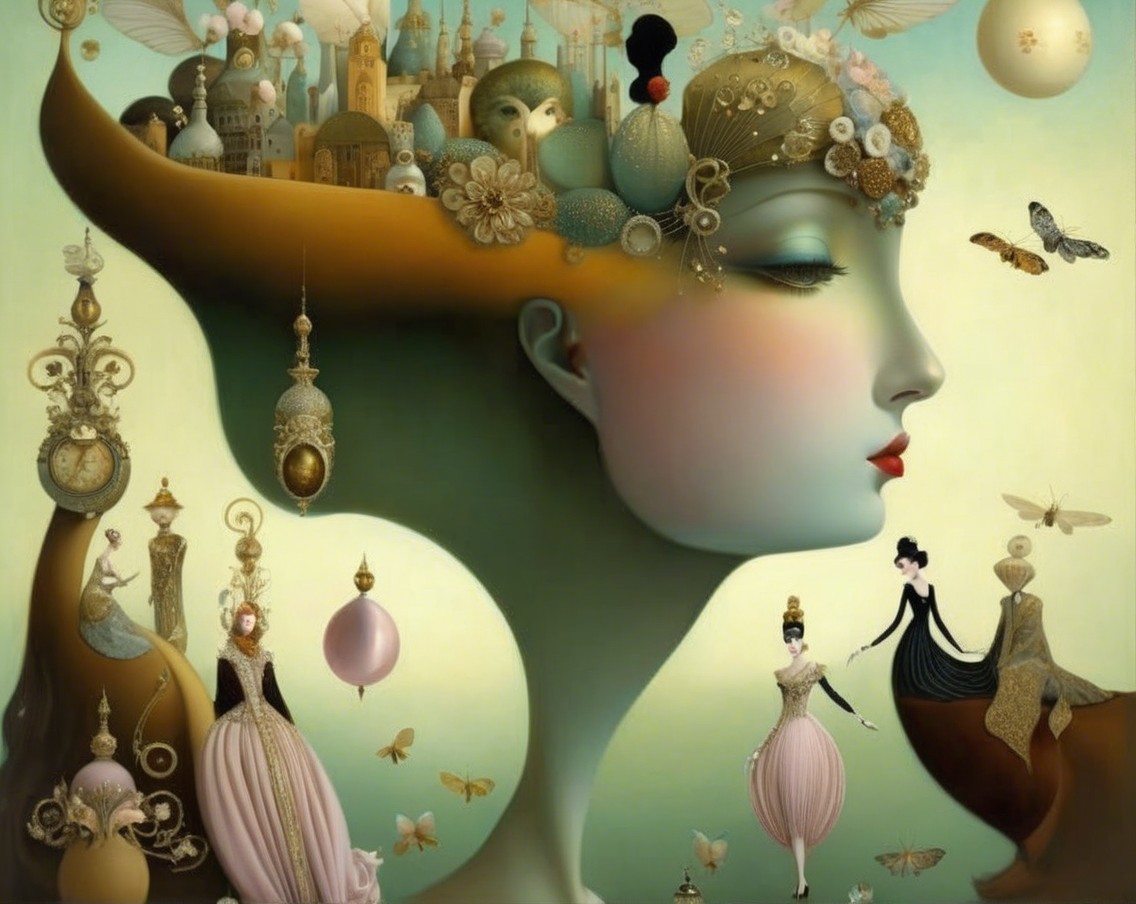 Surreal Profile of Woman with Cityscape Hair Design