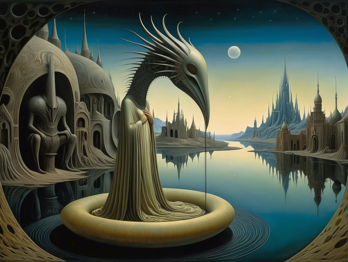 Surreal Landscape with Bird-Headed Figure and Pool