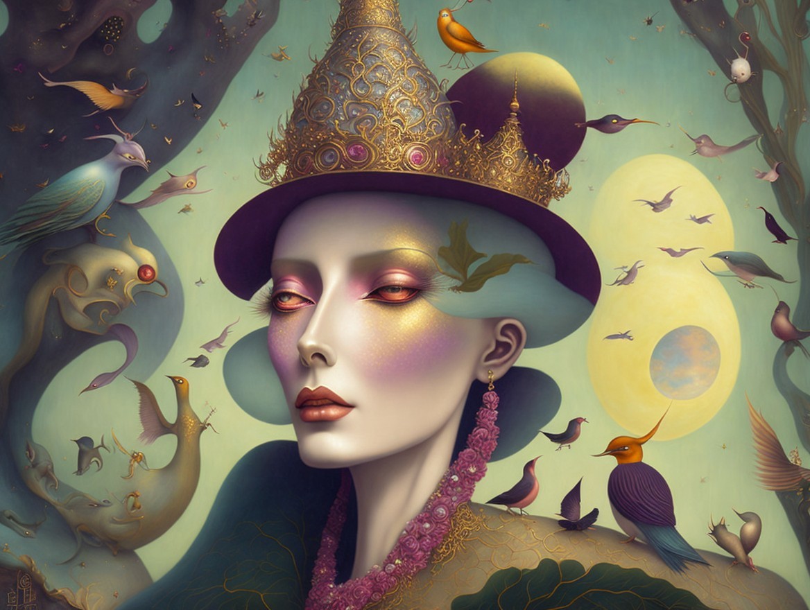 Mystical Woman in Ethereal Landscape with Birds