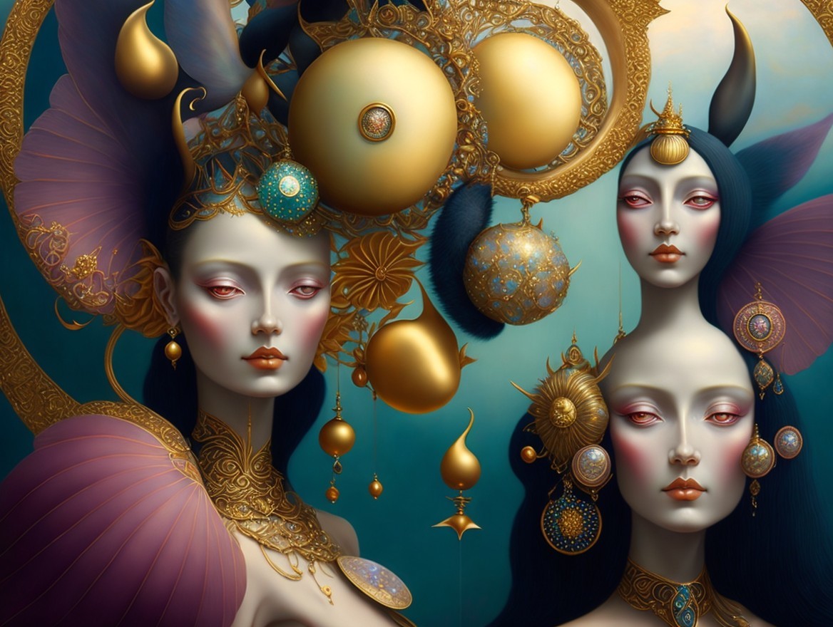 Ethereal Figures with Gold Accessories and Pale Skin