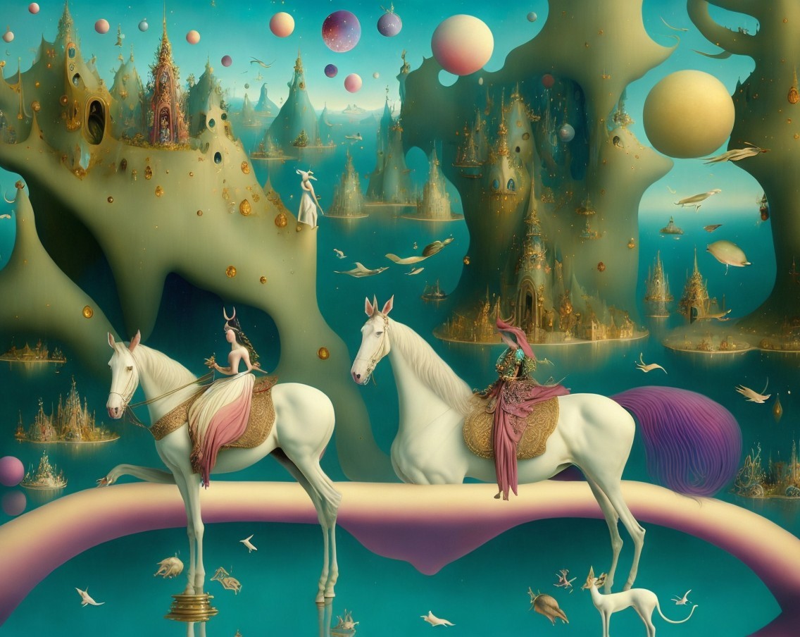 Surreal Landscape with White Horses and Floating Islands