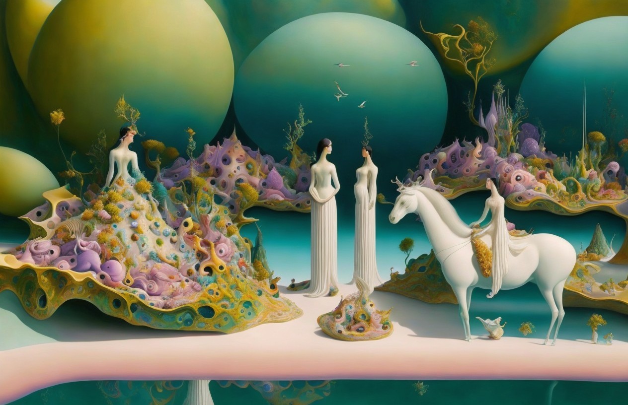 Surreal Landscape with Ethereal Figures and Flora