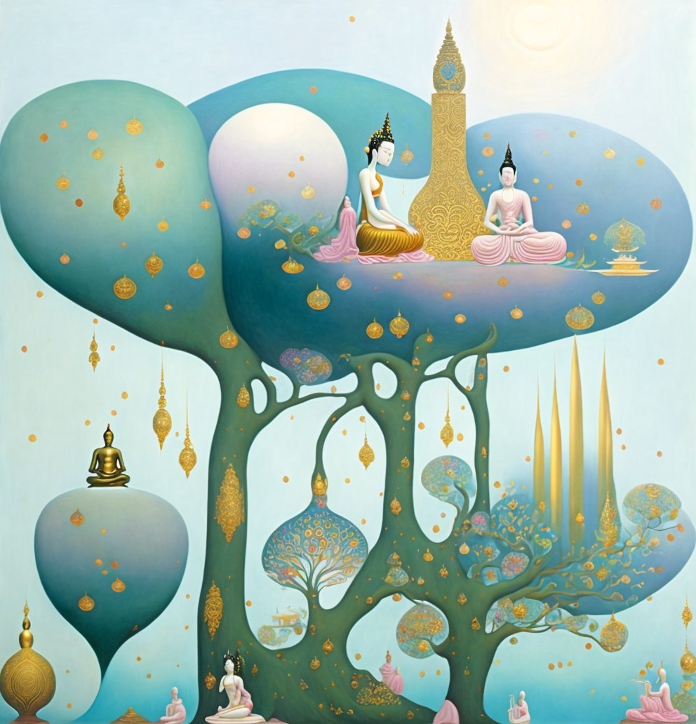 Buddha Figures Amid Abstract Trees and Dreamlike Landscape