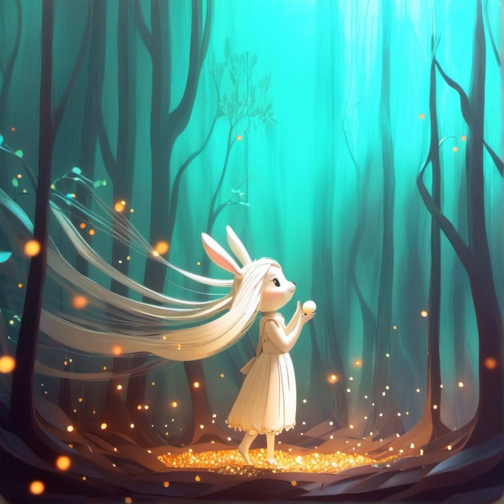 Mystical forest with glowing trees and whimsical girl