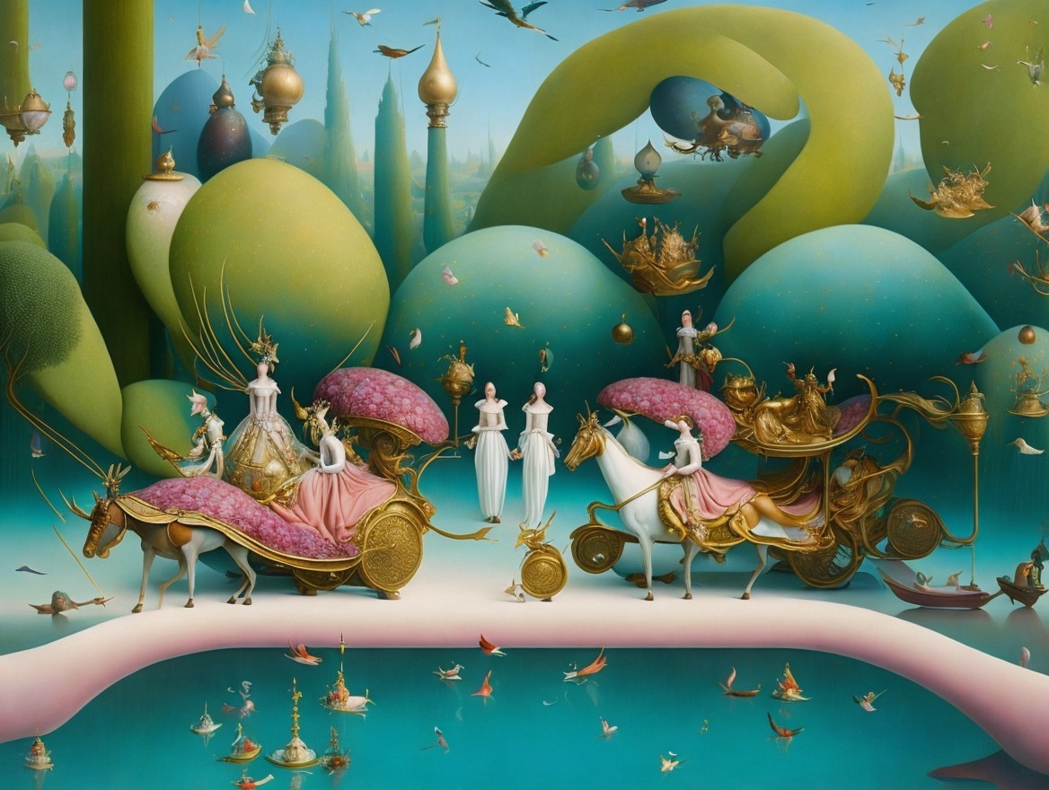 Elegant Figures in Carriages in a Dreamlike Landscape