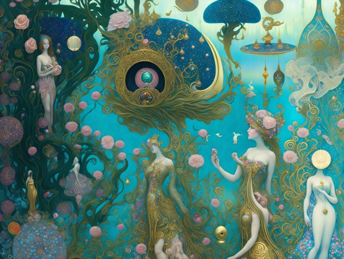 Ethereal Figures in Golden Attire Amidst Nature's Beauty