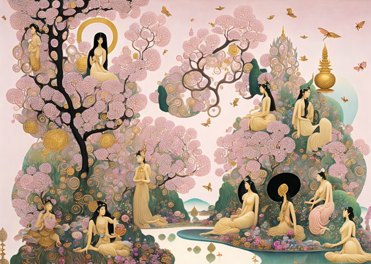 Serene Figures Amid Cherry Blossom Trees and Water