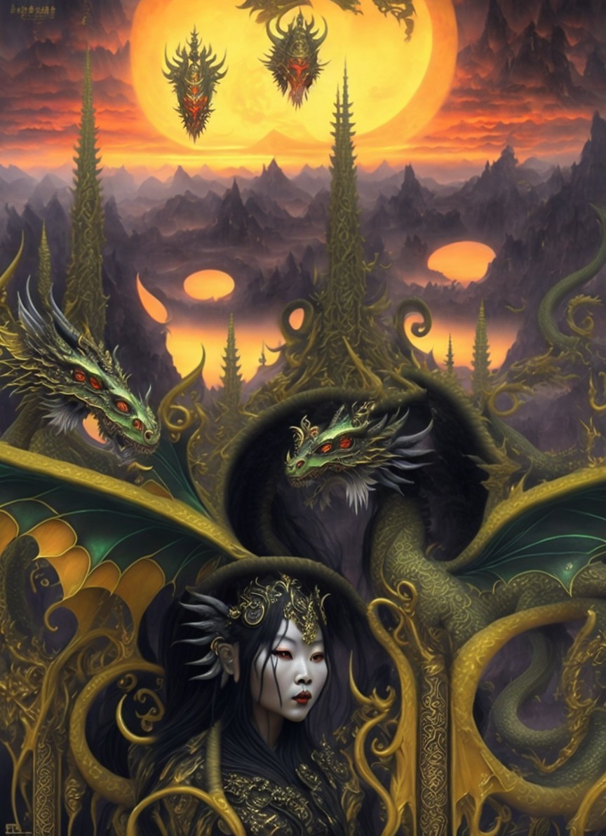 Mystical Woman in Golden Attire with Dragons at Sunset